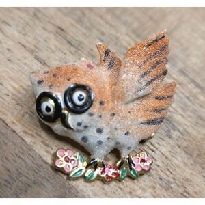 Vintage Pink Owl Landing on a Branch Enamel Scatter Pin Brooch Rhinestones